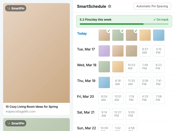 SmartSchedule weekly calendar with optimized time slots filled across each day, publishing 5.2 Pins per day on track, so your content goes out at the right times without manual scheduling